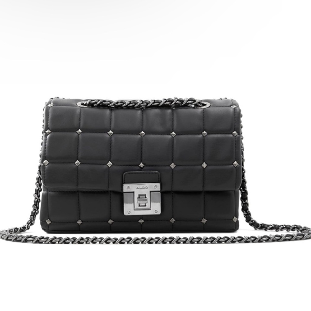 Aldo Olelirin Black Quilted Vegan Leather Silver Studded Crossbody Shoulder Bag - Picture 1 of 16